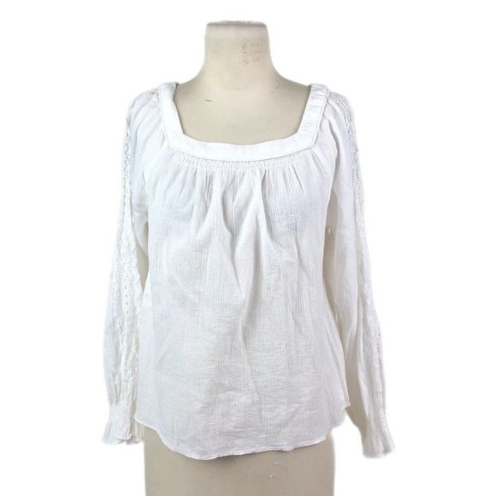 Margaret O'Leary White Cotton Peasant Blouse Lace Inlay Square Neck Crinkle XS